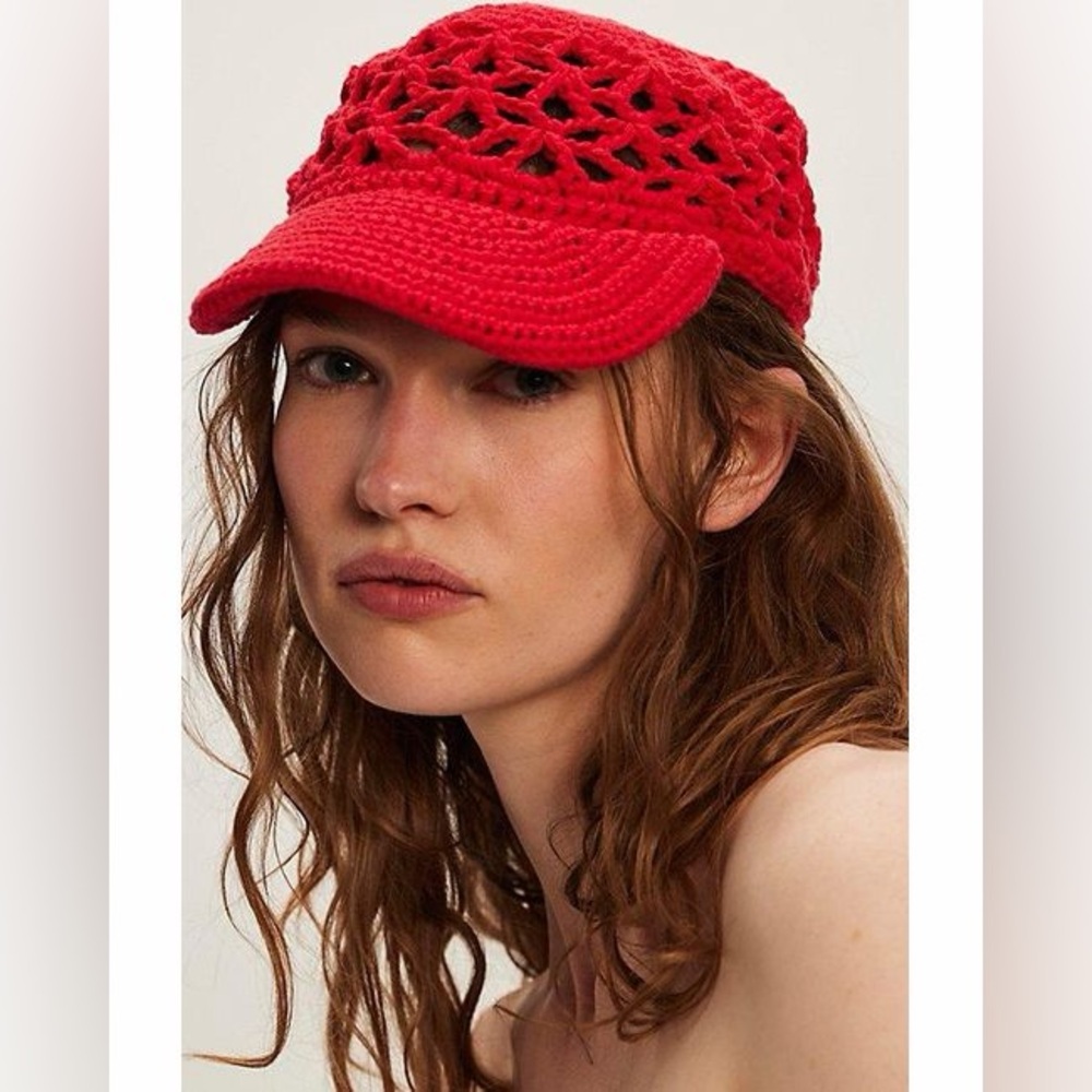NWOT Free People Silvie Red Crochet Knit Baseball Hat One Size